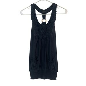 Forever 21 Navy Blue Crochet Lace Halter Neck Tank Top with Smocking & Pockets